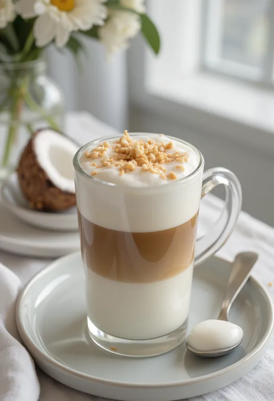 Latte með kókoshnetumjólk borið fram ferskt