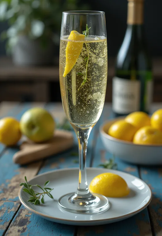 Ítalskur prosecco-síder í glasi skreyttur með rósmaríngrein