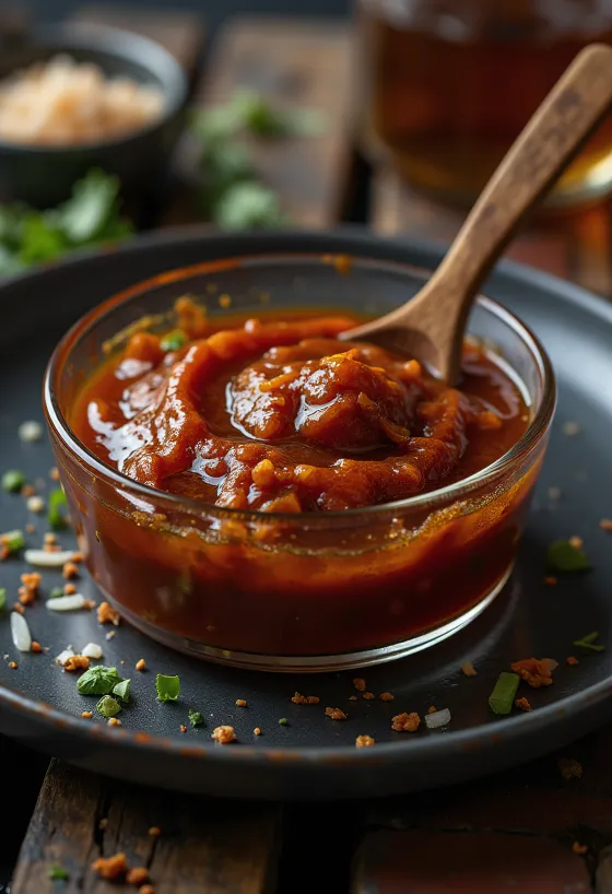 Karrý-chili grillsósa í krukku, borin fram með grillkjöti