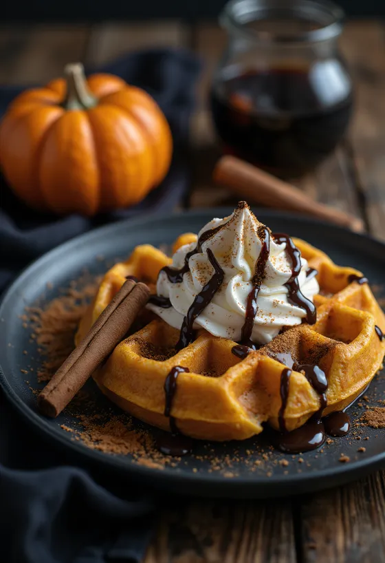 Hrekkjavökuvöfflur með graskersmauki og súkkulaðisósu