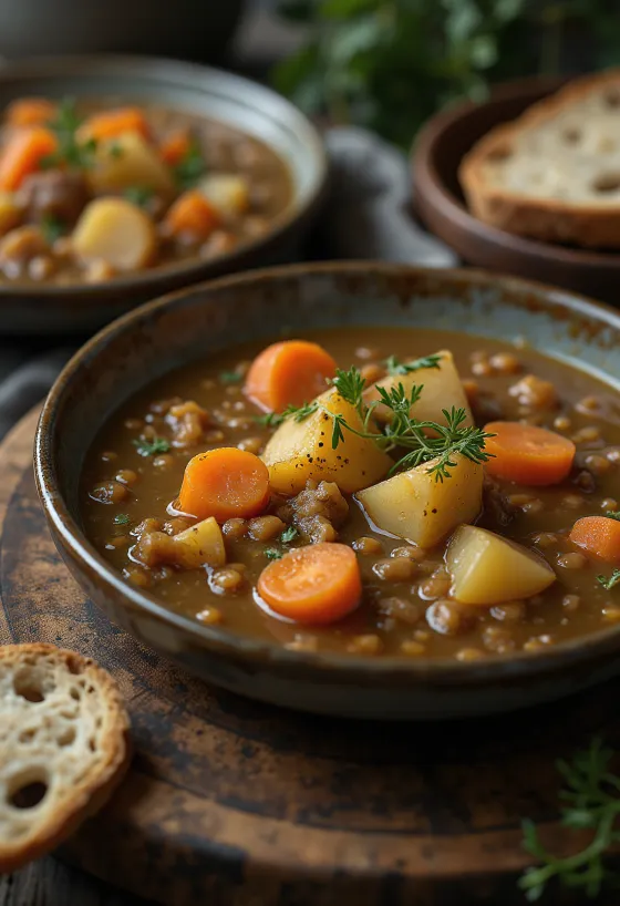 Linsubaunasúpa með grænmeti borin fram með fersku brauði.