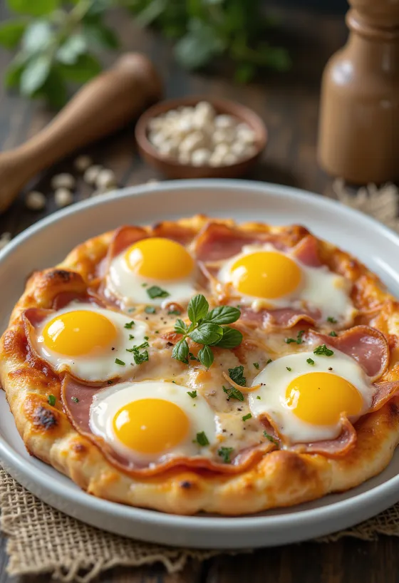Pizza Bismark með eggi og skinku