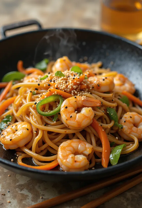 Yakisoba með rækjum, ljúffengar núðlur og grænmetisblanda með rækjum og sesamfræjum