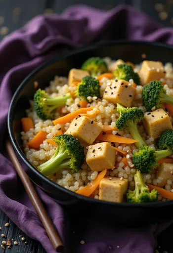 Karrý-kínóa wok með tahini-tófúi, borið fram með steiktu grænmeti