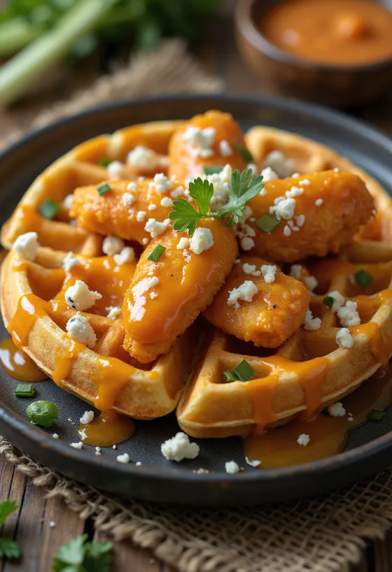 Buffalo kjúklingavafflur með rauðlauk, blámygluosti og selleríi