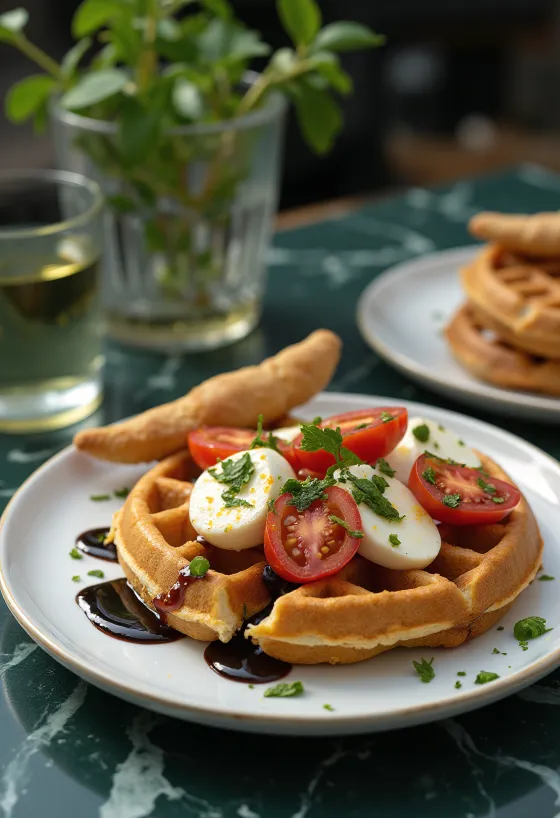 Caprese vafflur með mozzarella, tómötum og ferskri basilíku