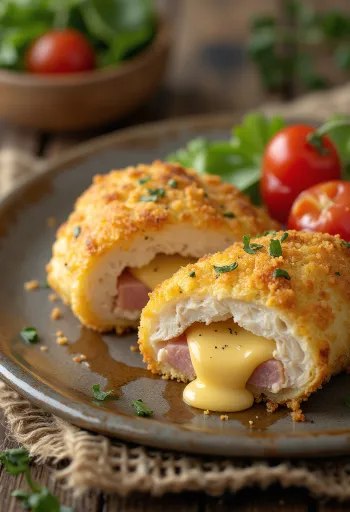 Cordon bleu með fersku salati og frönskum