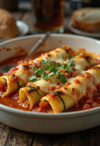Cannelloni með grilluðum kúrbít og reyktum osti borið fram