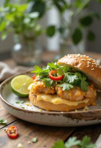 Kókos og chili borgari borinn fram með lime