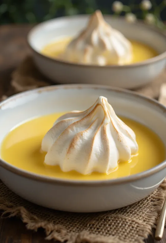 Fljótandi eyjar í skálum, vanillusósa og eggjahvíta