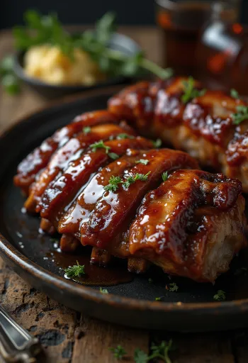 Reykt BBQ svínarif með bourbon sósu borin fram