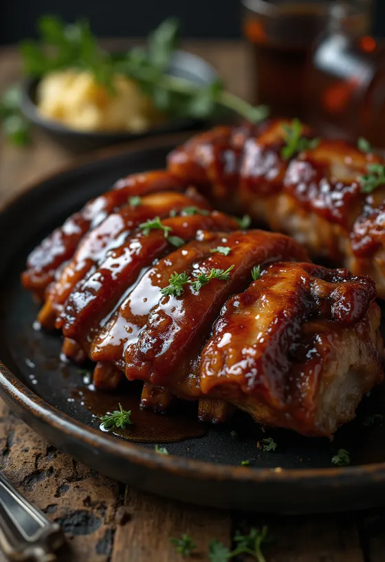 Reykt BBQ svínarif með bourbon sósu borin fram