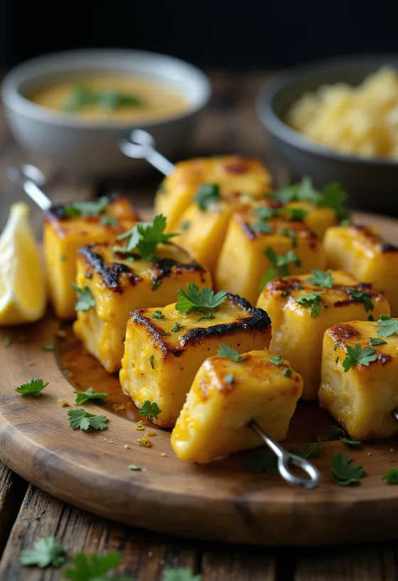 Achari paneer tikka, grillaðir paneer bitar marineraðir í jógúrt, bornir fram með ferskum kóríander og sítrónu
