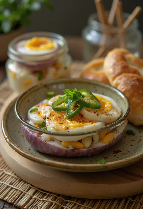 Sterkmarineruð eggaldin í krukku