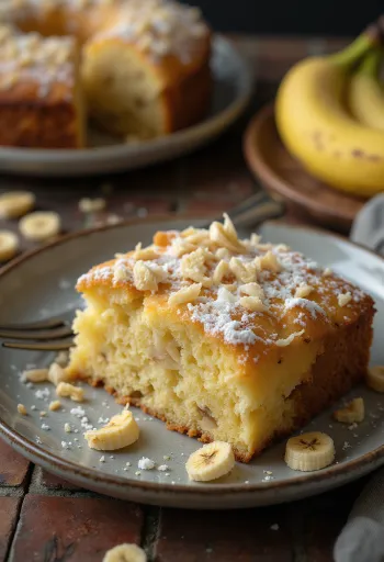 Kókos- og bananakaka stráð flórsykri og kókosmjöli