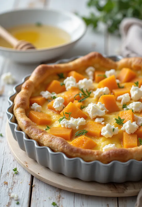Quiche með sætum kartöflum og geitaosti nýbakað