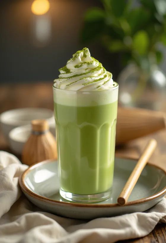 Matcha-frappé borið fram í glasi