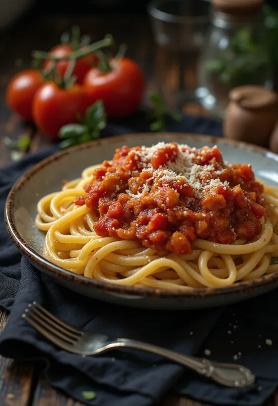 Tómatpasta með ferskri basilíku og rifnum parmesanosti.
