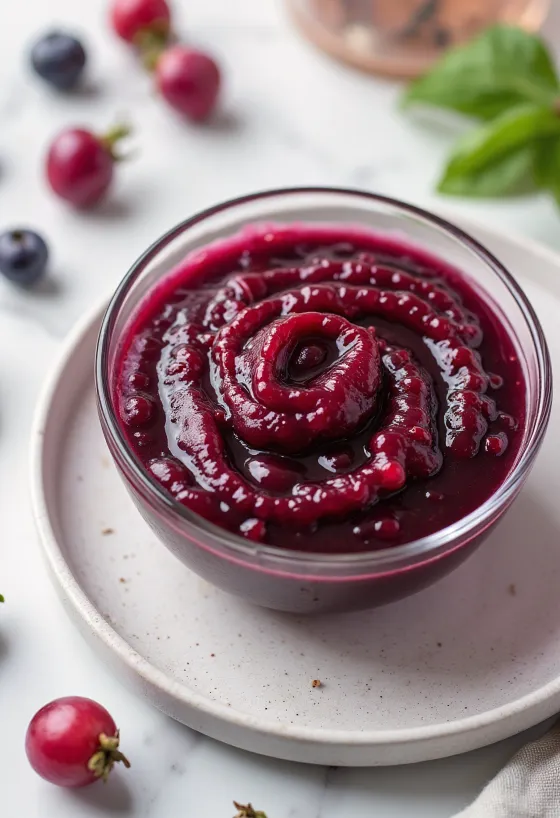 Rauðvíns- og nýpurósasósa í skál, skreytt með fersku rósmarín.