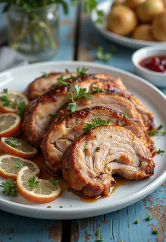 Reykt BBQ kalkúnabringa borin fram