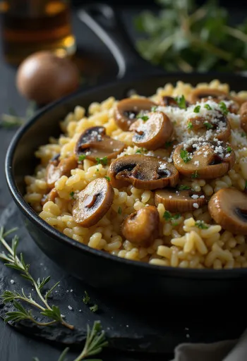Sveppahrísgrjón borin fram með ferskri steinselju og parmesan