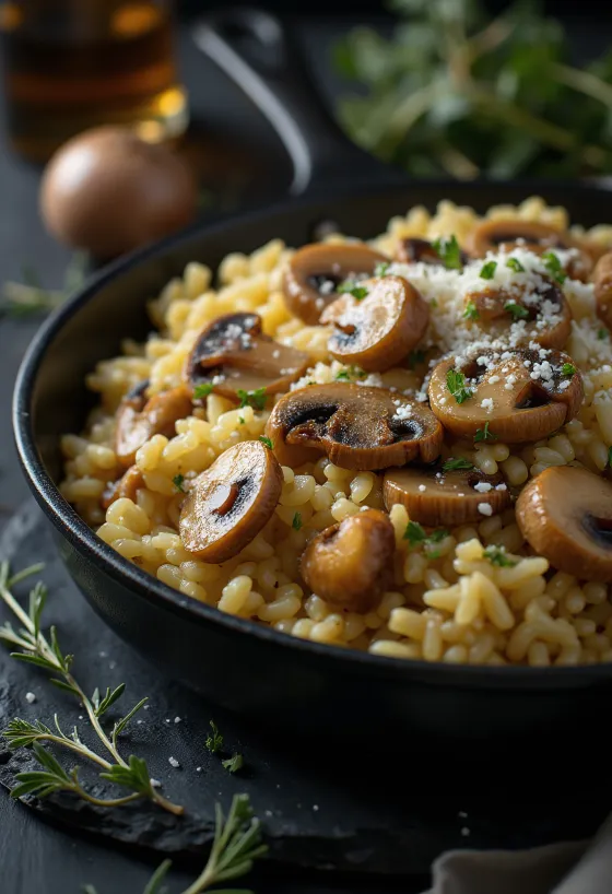 Sveppahrísgrjón borin fram með ferskri steinselju og parmesan