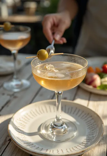 Martini kokteill skreyttur með ólífu