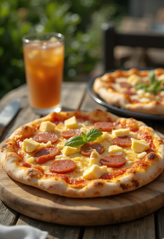 Pizza Dominicana borin fram með pylsu og osti