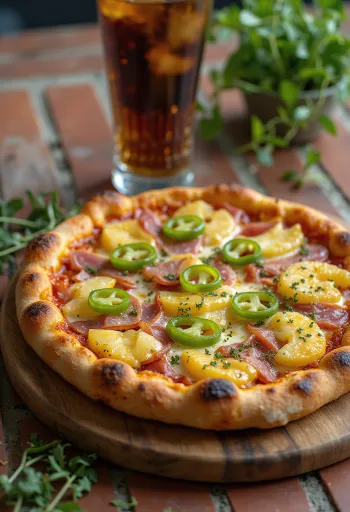 Hawaii-pizza með Jalapeño borin fram
