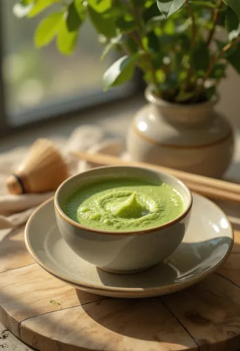 Bolli af freyddum matcha te, skreyttur með matcha dufti