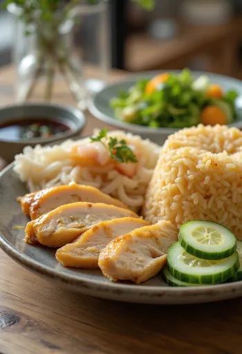 Hainanese kjúklingahrísgrjón borin fram með ferskri gúrku og kóríander