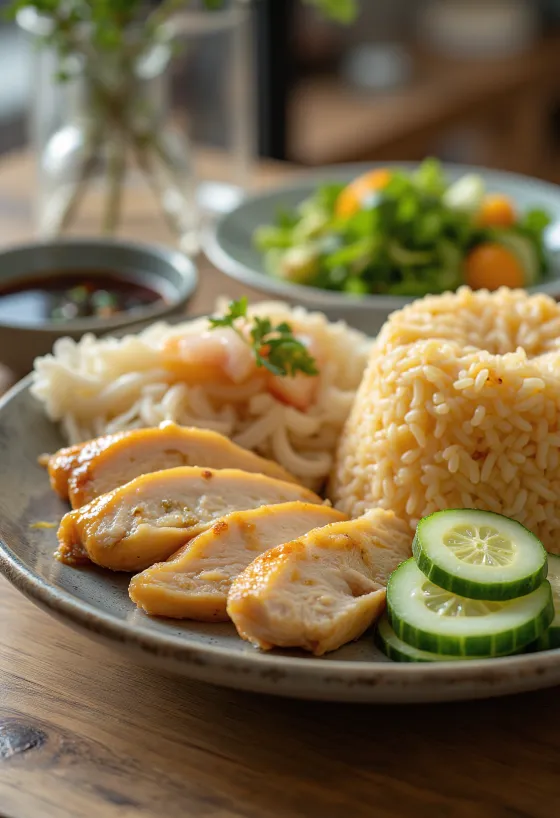 Hainanese kjúklingahrísgrjón borin fram með ferskri gúrku og kóríander