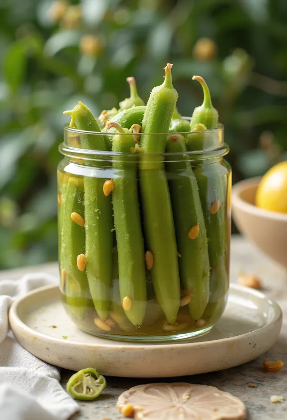 Sýrð okra í glerkrukku