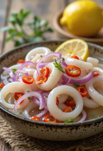 Sterkir sýrðir smokkfiskshringir í krukku