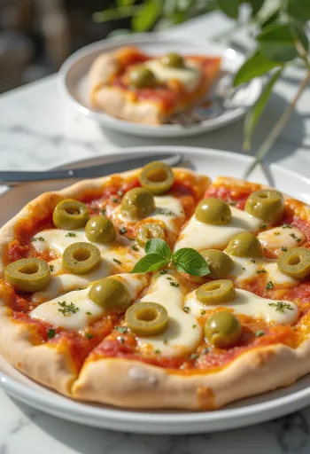 Pizza con Olive Verdi með grænum ólífum og mozzarella