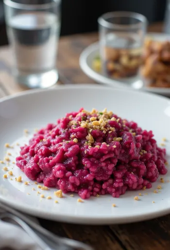 Veganskt rauðrófurísottó á disk