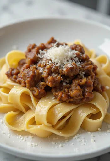 Villisvínsragú með pappardelle borið fram á sveitalegum diski.